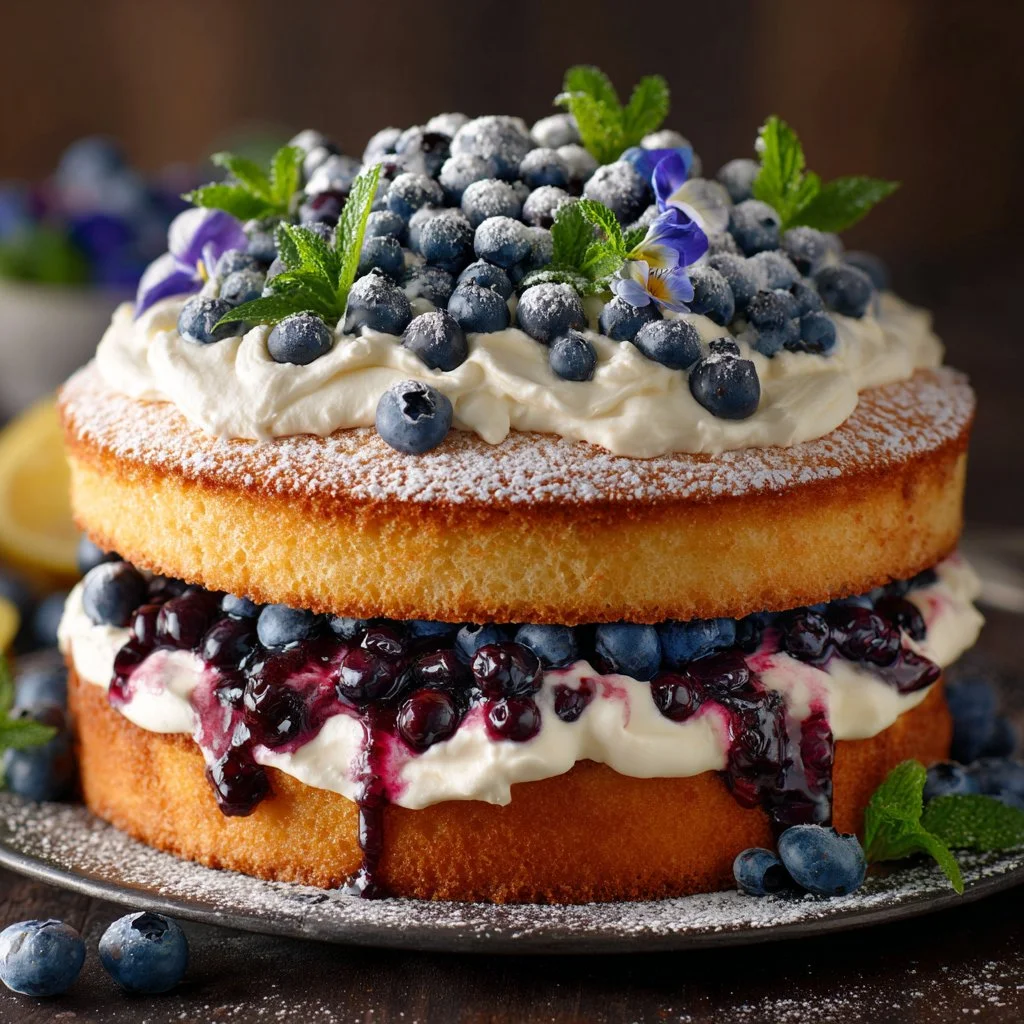 Delicious Blueberry Cream Cake with fresh blueberries and creamy frosting
