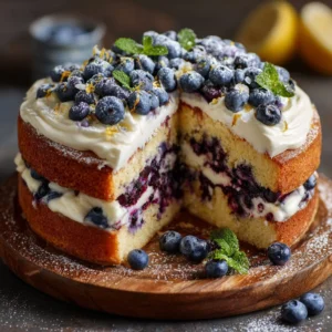 Delicious Blueberry Cream Cake topped with fresh blueberries and whipped cream