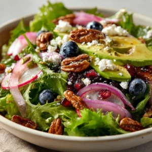 Blueberry Pistachio Spring Salad with fresh greens, nuts, and berries