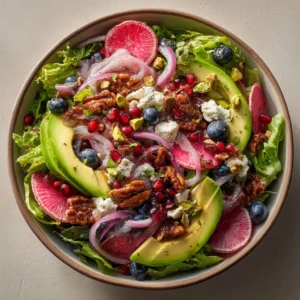 Blueberry Pistachio Spring Salad with fresh greens and nuts