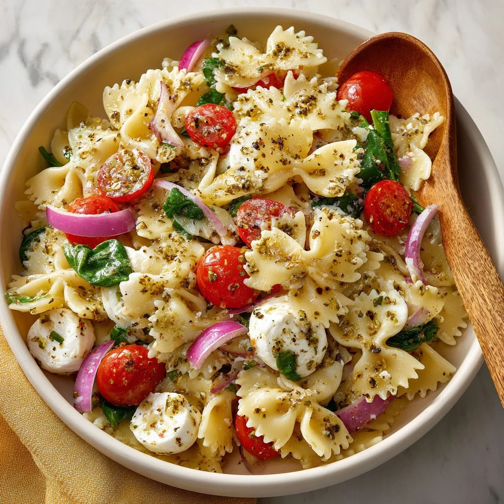 Colorful Bow Tie Pasta Salad with fresh vegetables and dressing.