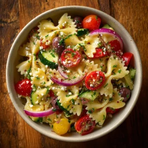 A vibrant bowl of Bow Tie Pasta Salad with fresh vegetables and dressing