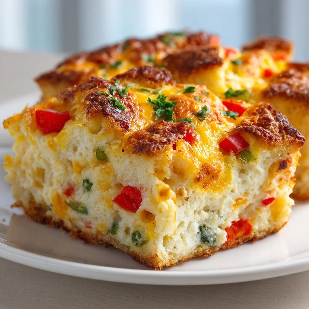 Delicious homemade breakfast casserole with eggs, cheese, and vegetables