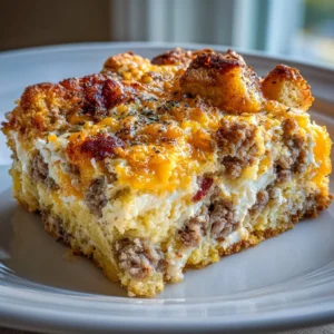 Delicious breakfast casserole with eggs, cheese, and vegetables baked to perfection.