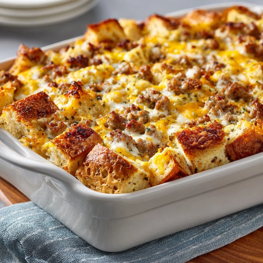 Delicious breakfast casserole with eggs, cheese, and vegetables baked to perfection