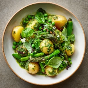 A colorful British spring salad featuring seasonal vegetables and greens.