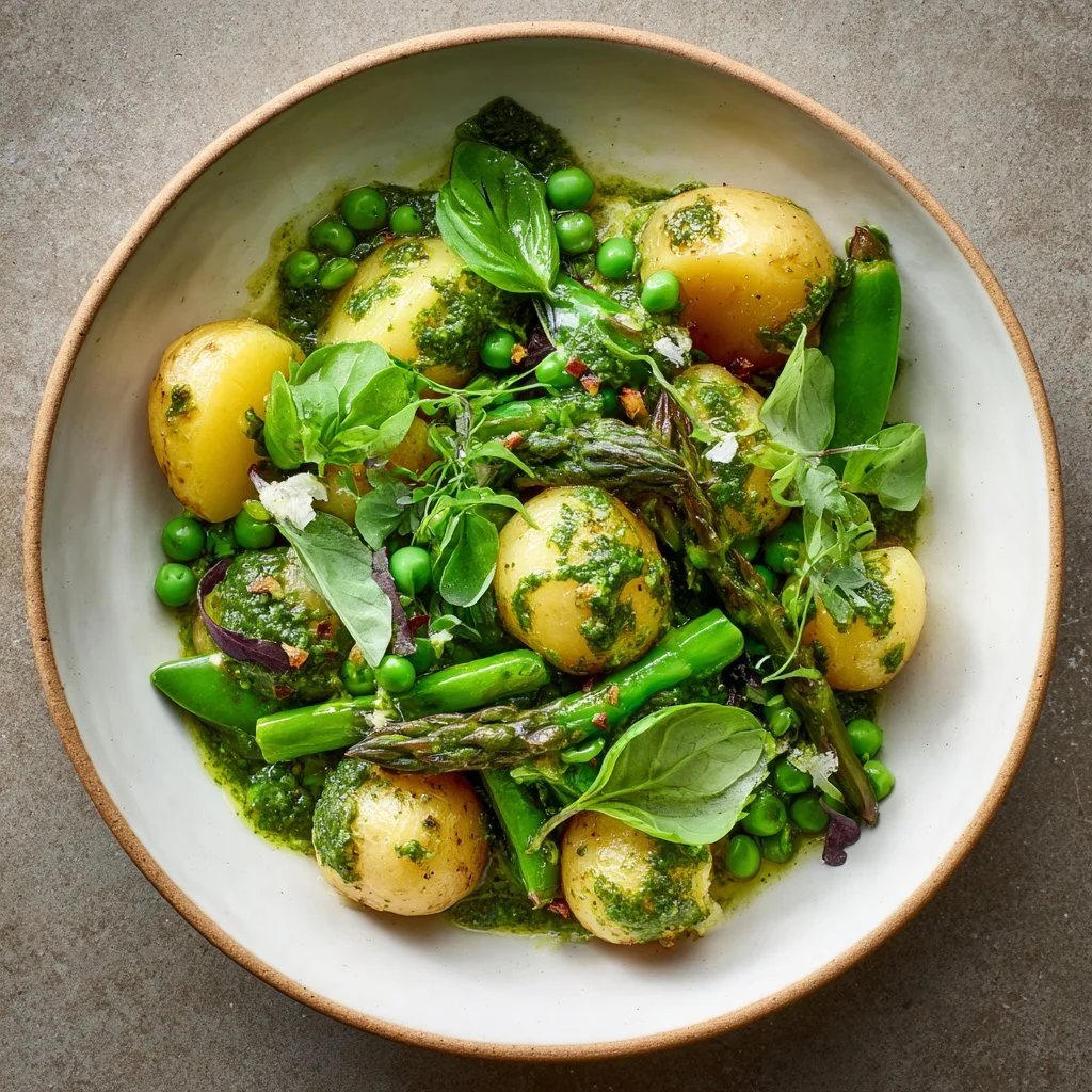 A colorful British spring salad featuring seasonal vegetables and greens.