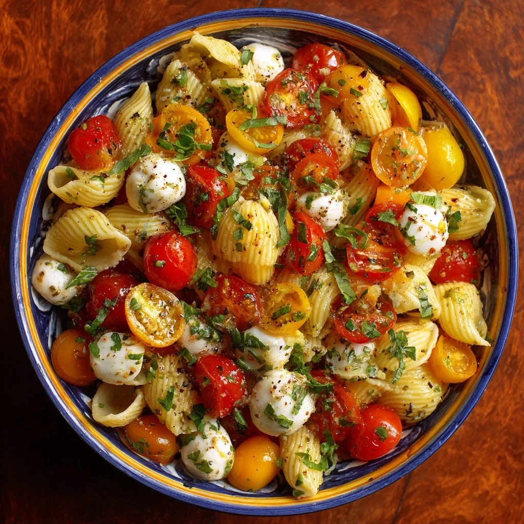 Bruschetta pasta salad featuring mini mozzarella balls and fresh basil.