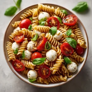 Delicious Caprese Pasta Salad with fresh tomatoes, mozzarella, and basil