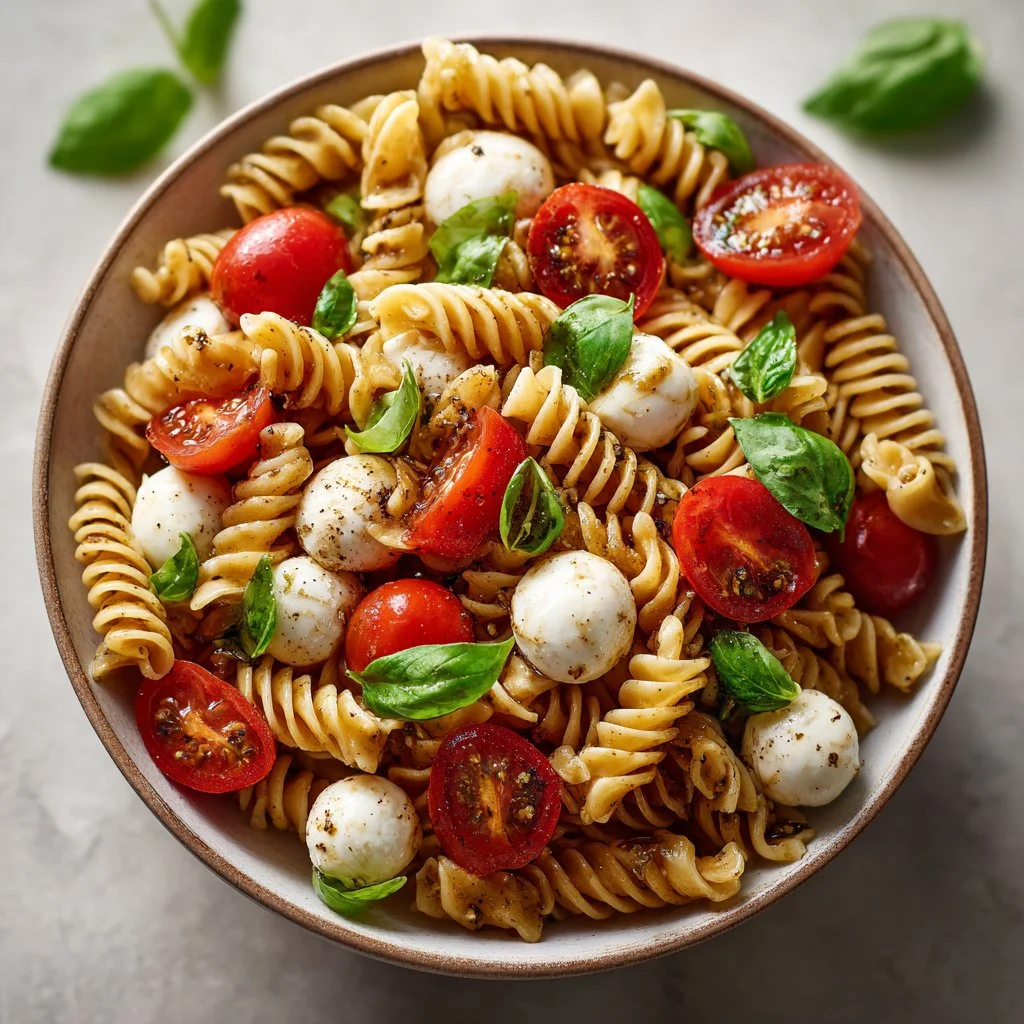 Delicious Caprese Pasta Salad with fresh tomatoes, mozzarella, and basil