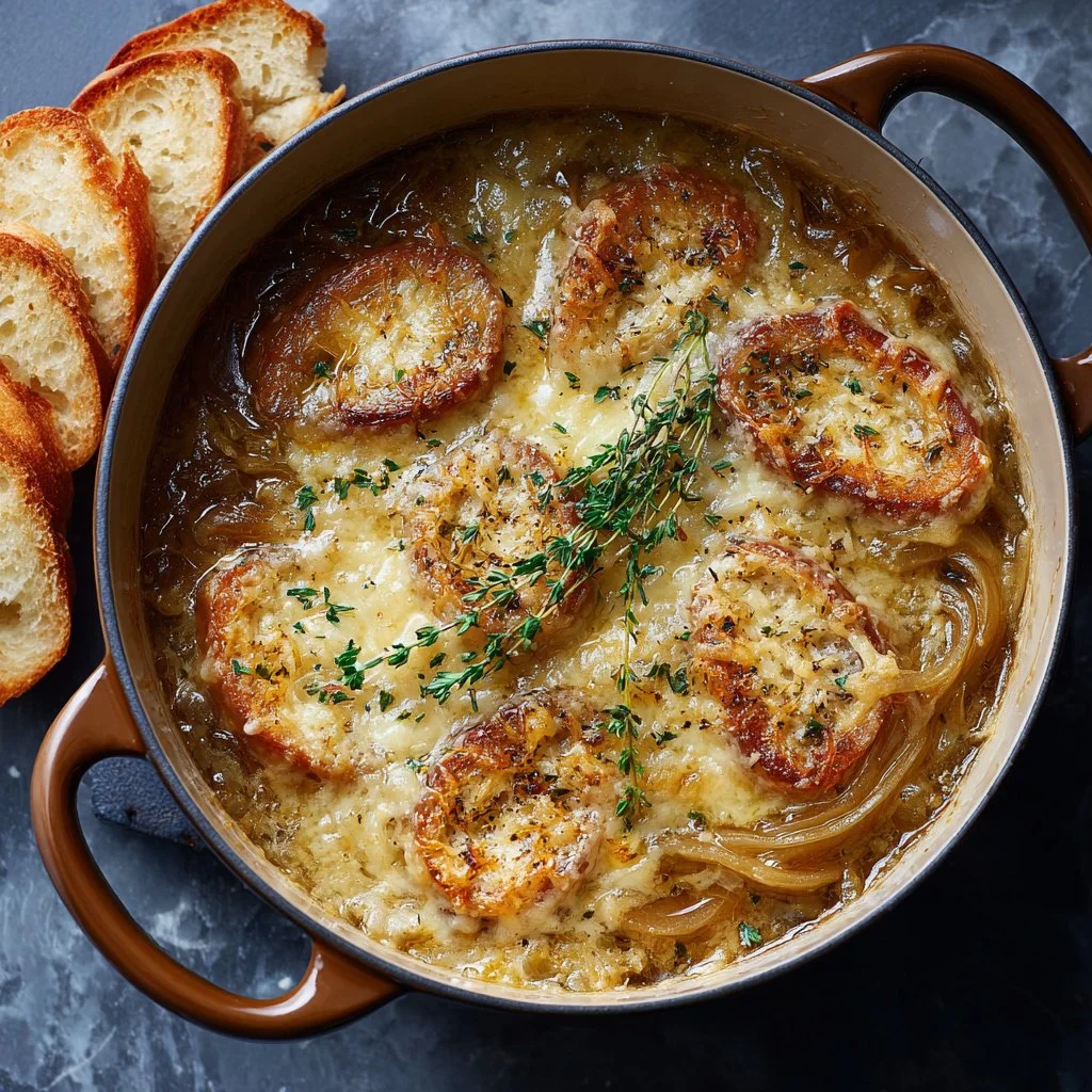 Bowl of caramelized French onion soup topped with melted cheese and herbs