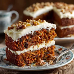 Delicious homemade carrot cake topped with cream cheese frosting and walnuts