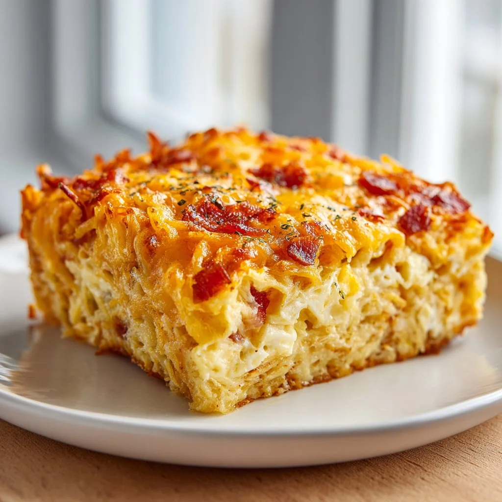 Cheesy hashbrown breakfast casserole baked until golden and bubbly.
