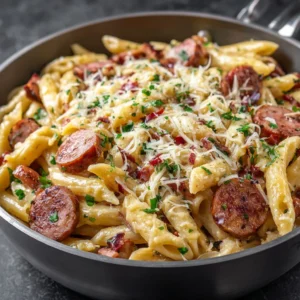 Plate of cheesy Kielbasa pasta garnished with herbs.