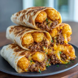 Delicious cheesy potato burritos with toppings on a wooden platter