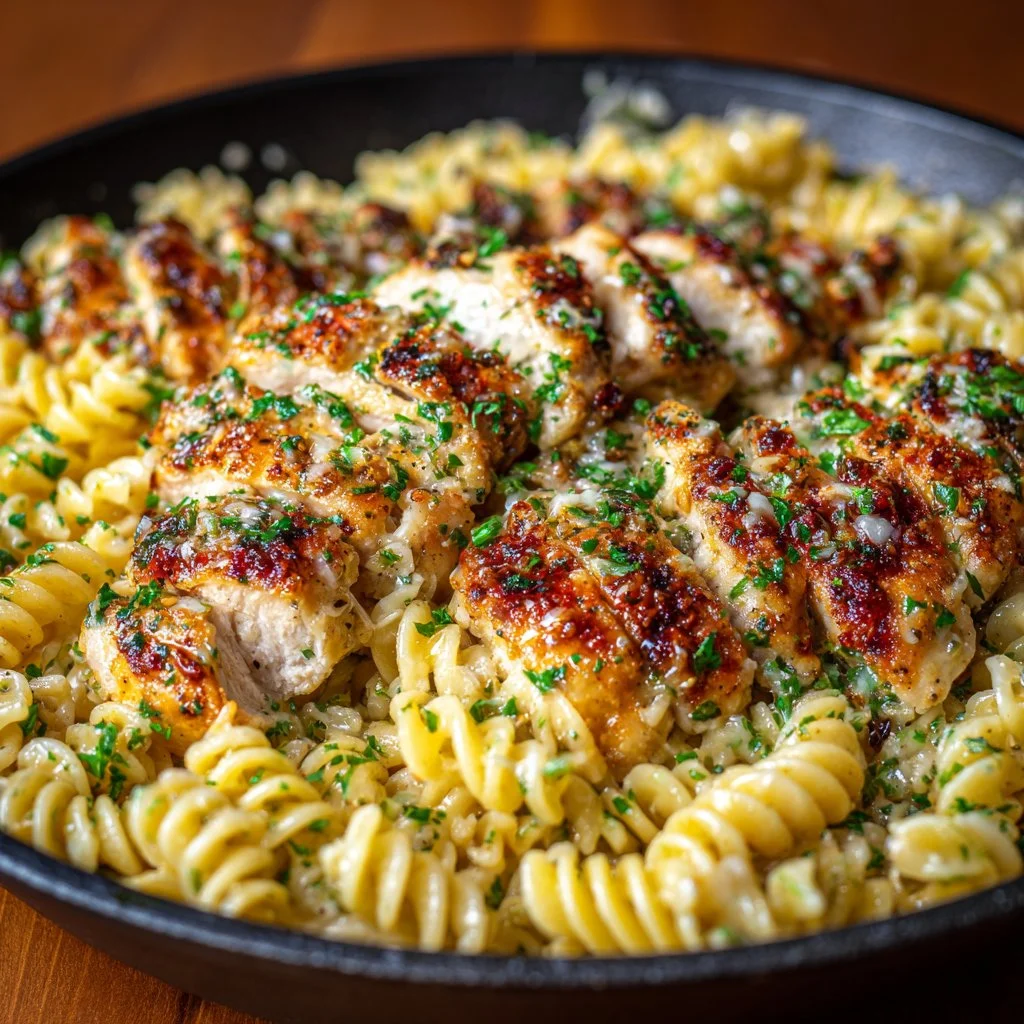 Cheesy Rotini with Garlic Parmesan Chicken served on a plate.
