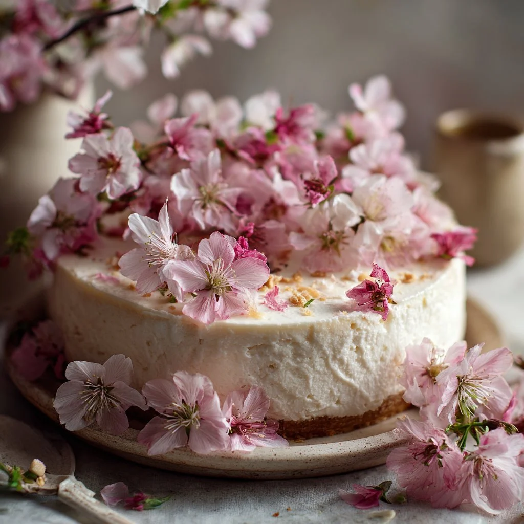 Cherry Blossom Japanese sakura cheesecake with delicate floral design