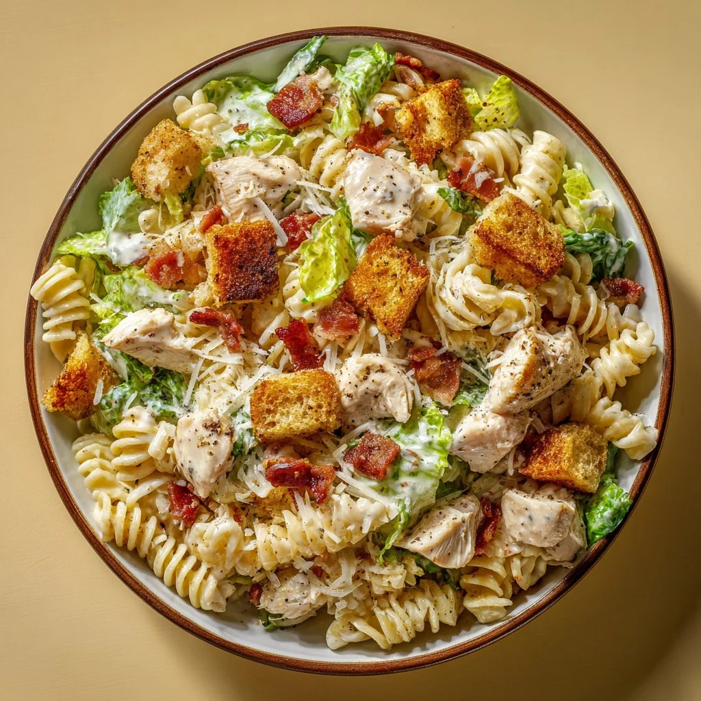 Delicious Chicken Caesar Pasta Salad with grilled chicken, romaine, and Caesar dressing