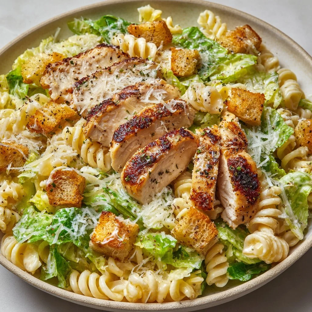 Delicious Chicken Caesar Pasta Salad with fresh ingredients