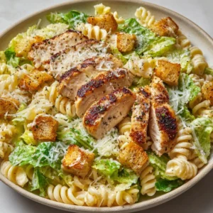 Delicious Chicken Caesar Pasta Salad with grilled chicken, romaine, and Caesar dressing