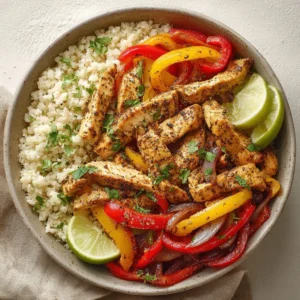Colorful Chicken Fajita Bowl with peppers, onions, and cilantro