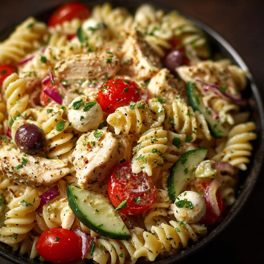 Delicious Chicken Pasta Salad with fresh vegetables and dressing