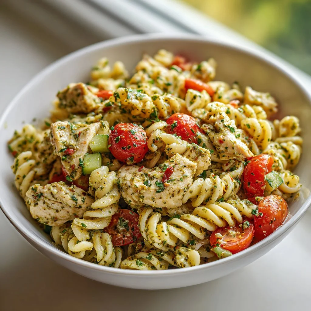 Delicious serving of Chicken Pesto Pasta Salad with fresh ingredients