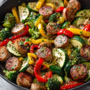 Plate of chicken sausage and veggies, showcasing a healthy meal option.