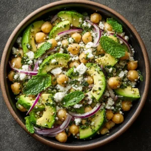 Chickpea Feta Avocado Salad with fresh vegetables and dressing