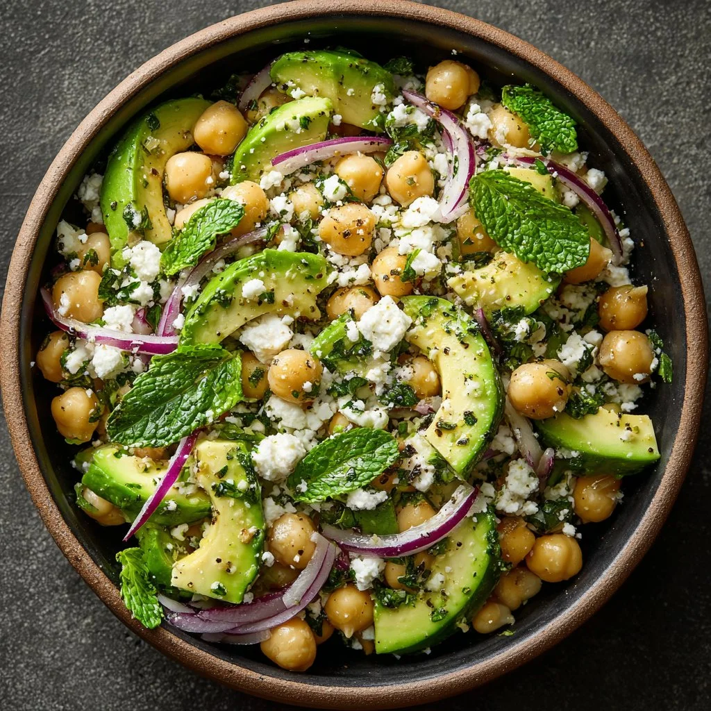 Chickpea Feta Avocado Salad with fresh vegetables and dressing