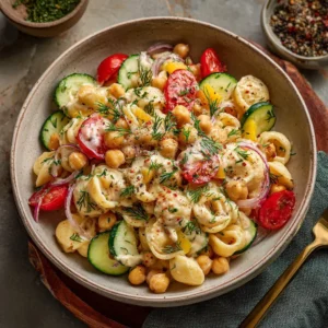Chickpea pasta salad with creamy lemon tahini dressing in a bowl
