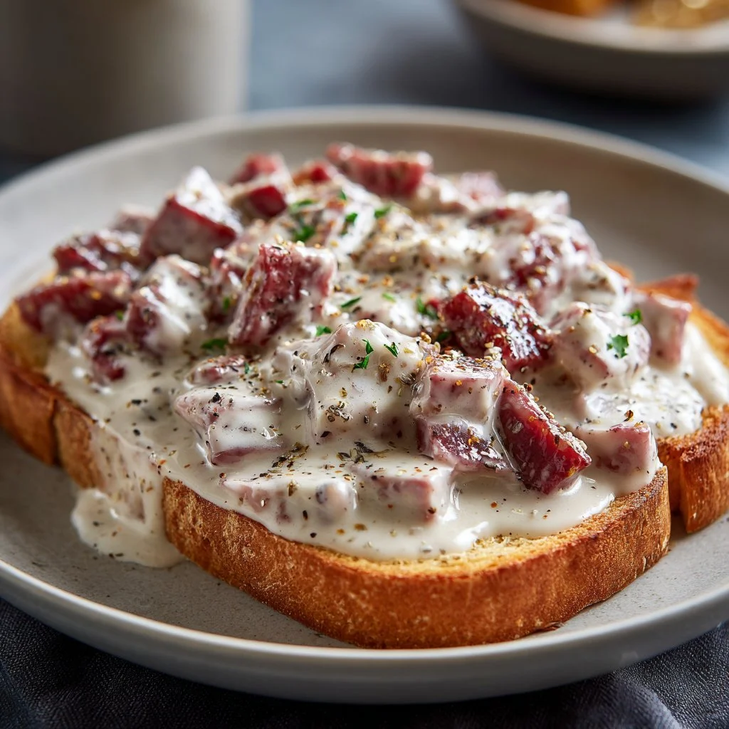 Delicious chipped beef on toast, a classic comfort food dish.
