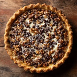 Chocolate Kentucky Derby Walnut Pie topped with walnuts and chocolate drizzle