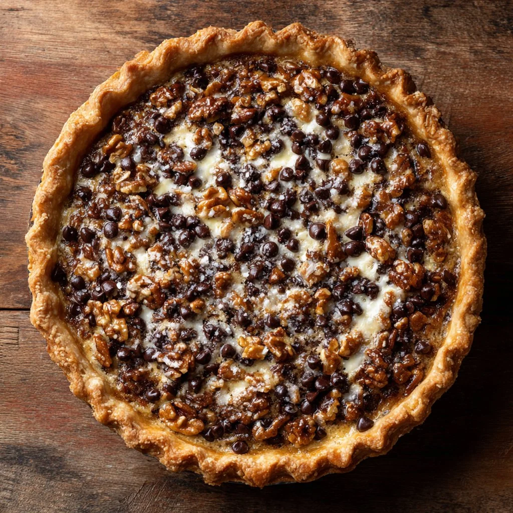 Chocolate Kentucky Derby Walnut Pie topped with walnuts and chocolate drizzle