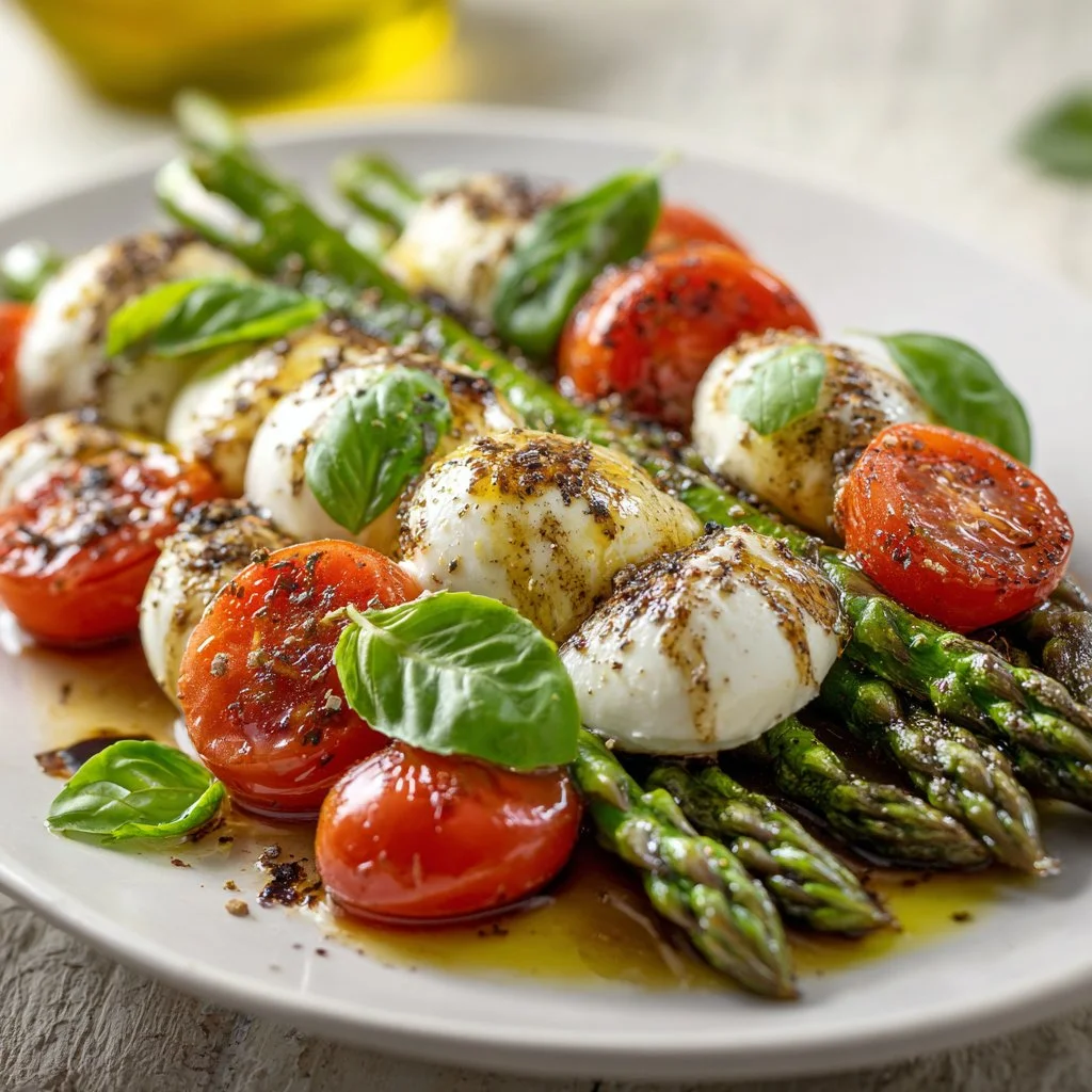 Classic Asparagus Caprese salad with fresh tomatoes and mozzarella
