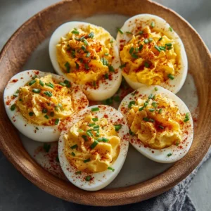 Delicious classic deviled eggs garnished with paprika and herbs