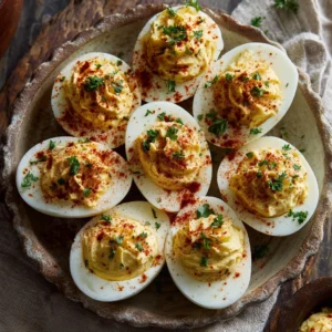 Classic deviled eggs topped with paprika and fresh herbs
