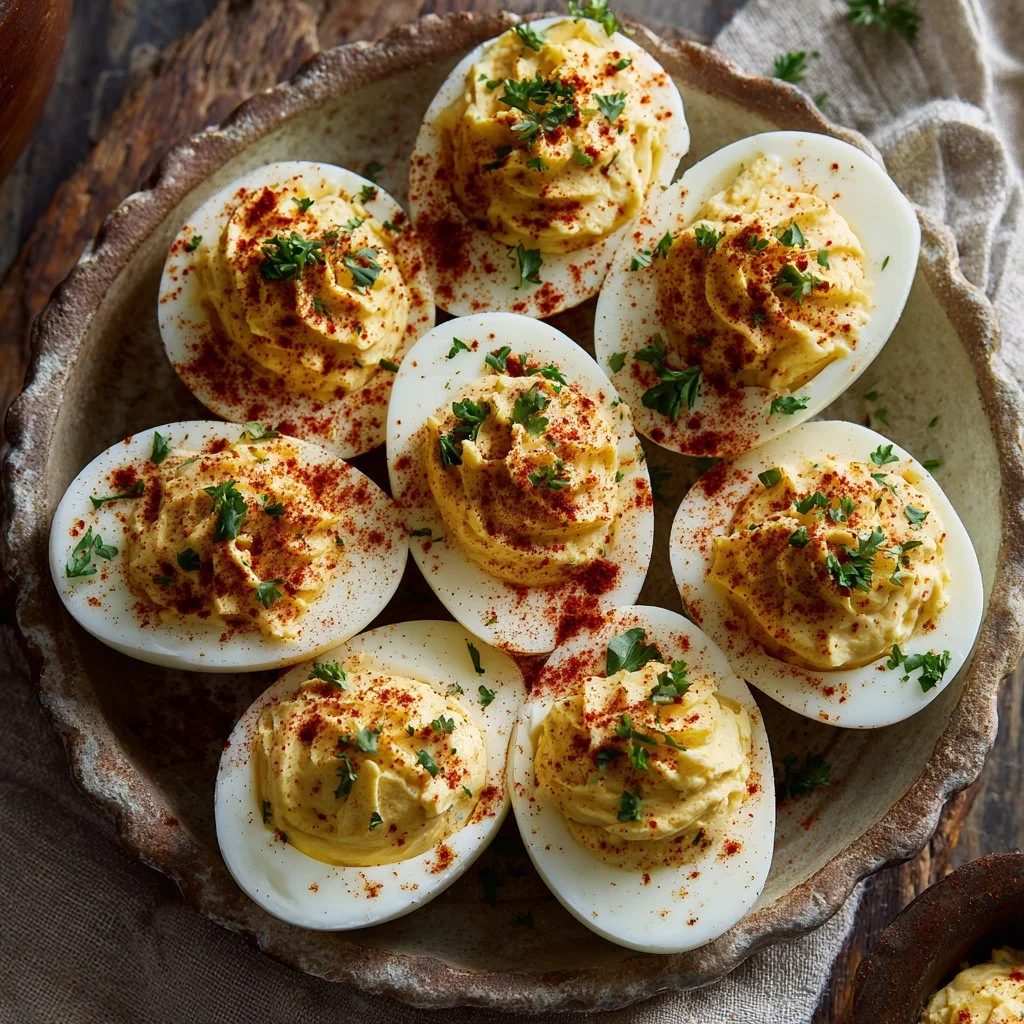 Classic deviled eggs topped with paprika and fresh herbs