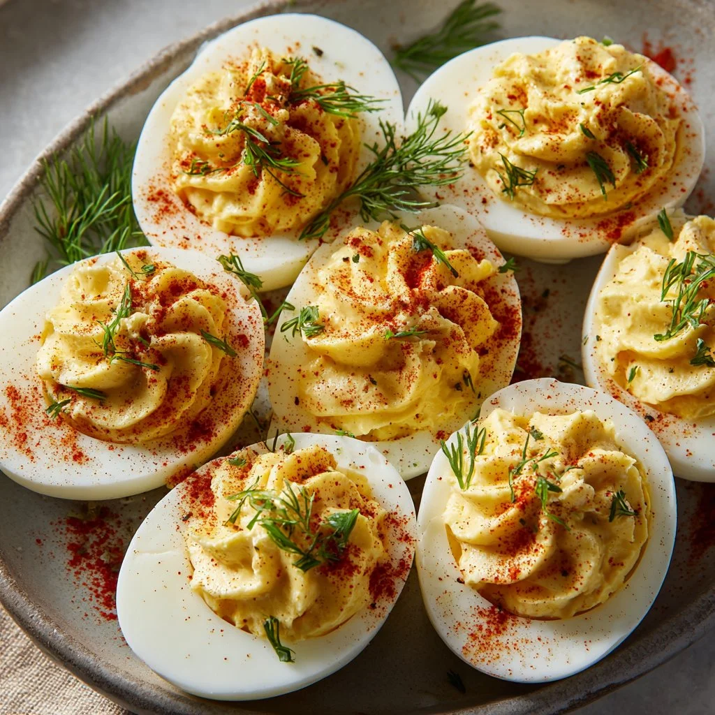 Plate of classic deviled eggs garnished with paprika and herbs