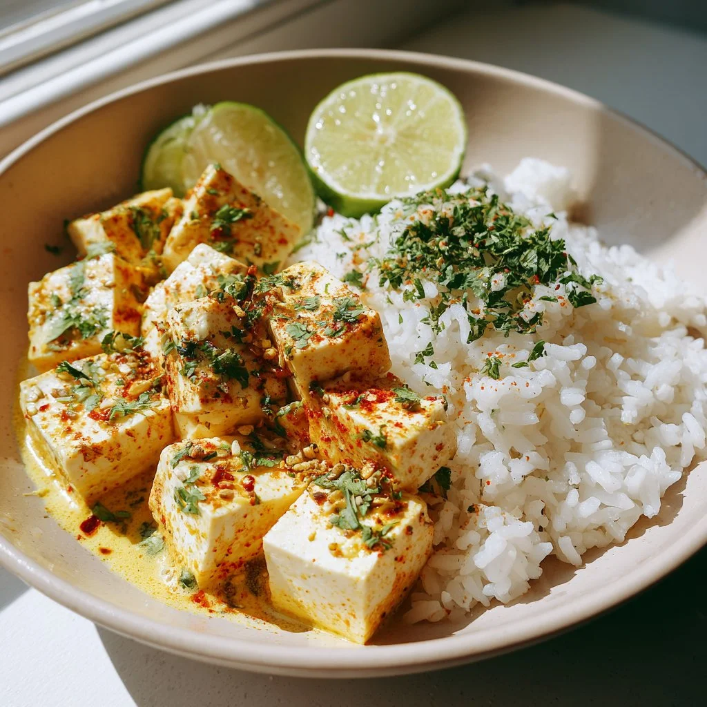 Delicious Coconut Lime Tofu garnished with lime and cilantro served in a bowl