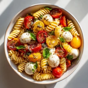 Colorful Caprese Pasta Salad with fresh tomatoes, basil, and mozzarella.