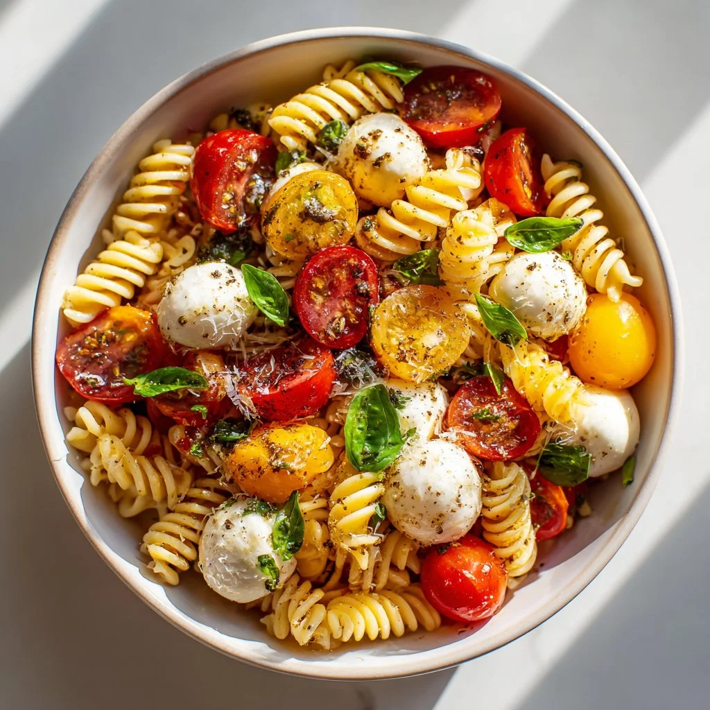Colorful Caprese Pasta Salad with fresh tomatoes, basil, and mozzarella.