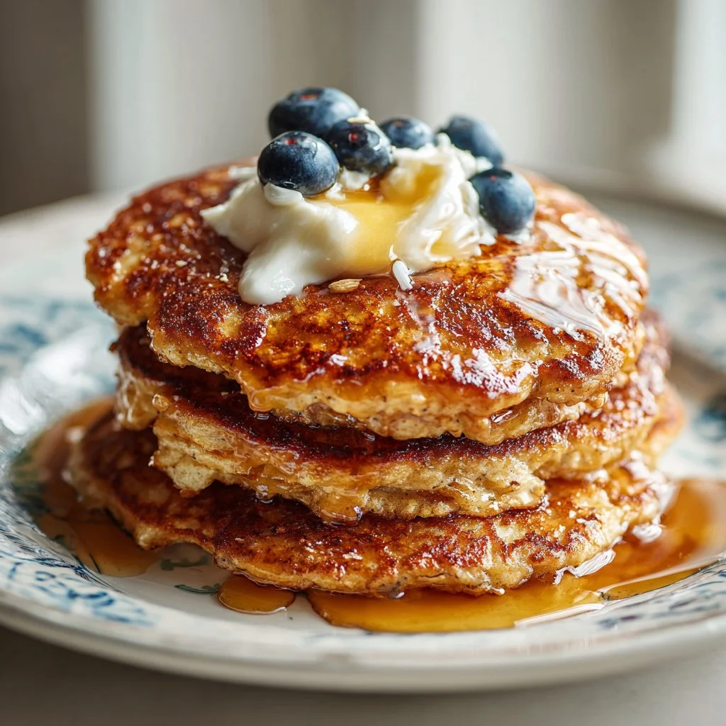 Fluffy Cottage Cheese Oatmeal Pancakes served on a plate with syrup