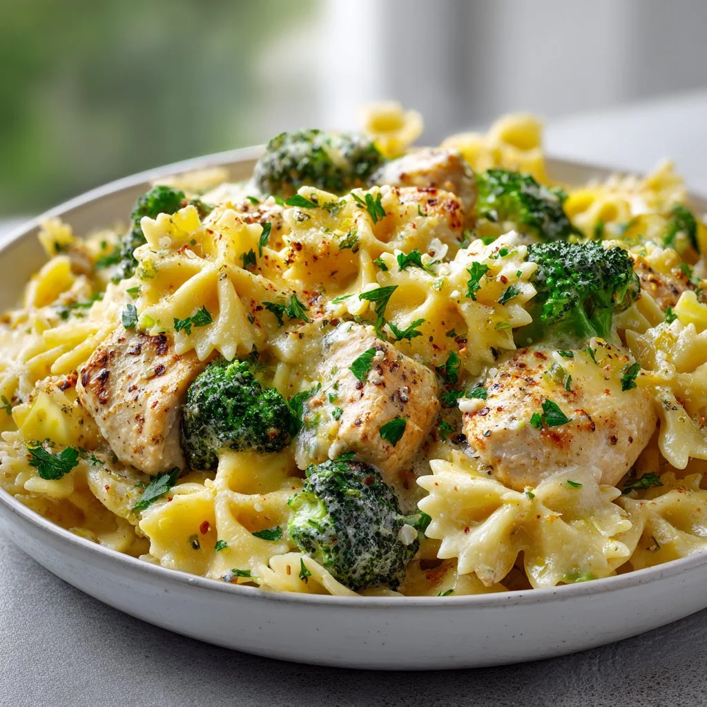 Cowboy Butter Lemon Bowtie Chicken with Broccoli Bliss dish garnished on a plate