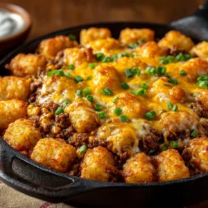 Delicious Cowboy Casserole topped with cheese and loaded with ground beef and vegetables