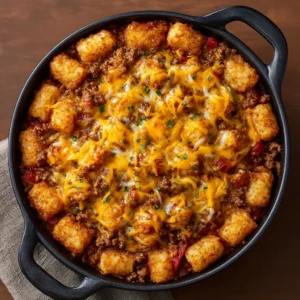 Delicious Cowboy Casserole topped with Tater Tots and melted cheese in a baking dish