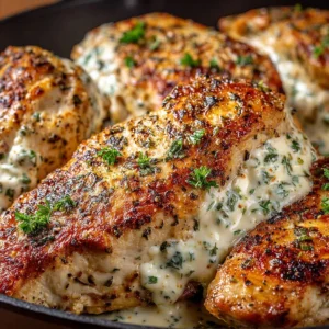 Cream cheese chicken dish garnished with garlic and Italian herbs