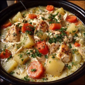 Bowl of creamy chicken stew with vegetables and herbs