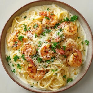 Creamy garlic shrimp pasta dish served with fresh parsley and lemon zest