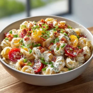 Creamy bacon ranch pasta salad with high protein content, garnished with fresh herbs.